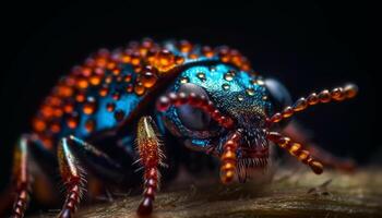 Spotted weevil sharp claw in selective focus on dark leaf generated by AI photo