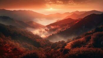 majestuoso montaña rango a amanecer, tranquilo escena en naturaleza belleza generado por ai foto