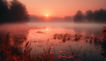 A tranquil scene at dusk, the sun reflection on water generated by AI photo