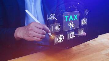Business using computer to complete Individual income tax return form online for tax payment. Government, state taxes. Data analysis, paperwork, financial research, Calculation tax return. photo