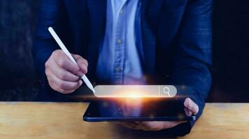 Businessman touching data search box information technology Search Engine Optimization. uses a search box to search for information on the Internet. photo