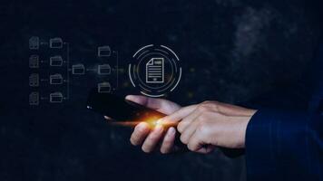 Document Management System DMS on smartphone, Online documentation database process automation to efficiently manage files, knowledge and documentation enterprise with ERP. photo