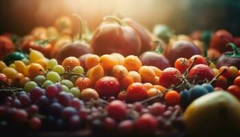 Juicy, ripe tomato and multi colored fruit on wooden table generated by AI photo