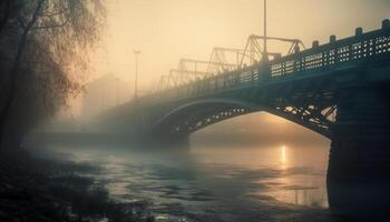 el acero arco puente refleja el puesta de sol en tranquilo escena generado por ai foto