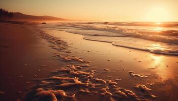 The tranquil scene of the wet waters edge at dusk generated by AI photo