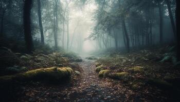 A spooky foggy forest with mysterious beauty in nature generated by AI photo