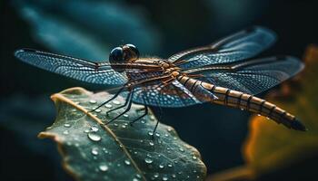 The delicate beauty of a dragonfly multi colored wings up close generated by AI photo