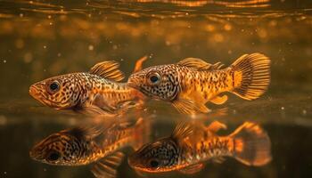 Colorful koi carp swim in elegant pond, showcasing underwater beauty generated by AI photo