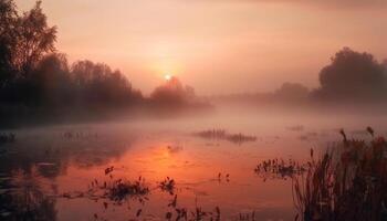 A tranquil scene at dusk, the sun reflection on water generated by AI photo