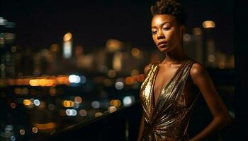 uno joven mujer, en pie iluminado, exuda confianza en ciudad la vida nocturna generado por ai foto