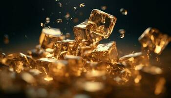 A gold colored ice cube drops into a refreshing drink generated by AI photo