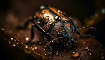 Metallic weevil crawls on wet leaf, a close up marvel generated by AI photo
