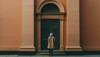 One elegant woman walking alone, admiring architecture and city life generated by AI photo