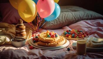 un gastrónomo cumpleaños fiesta con dulce postres y vistoso decoraciones generado por ai foto