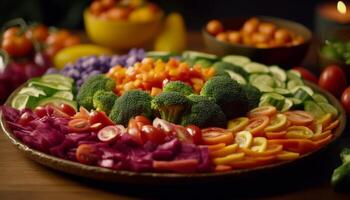 Fresh vegetarian salad with multi colored veggies on wooden plate indoors generated by AI photo