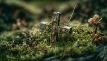 Close up of cross shaped leaf symbolizes spirituality in nature generated by AI photo