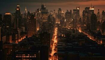 silueta de rascacielos iluminar ciudad horizonte a oscuridad, bullicioso la vida nocturna generado por ai foto