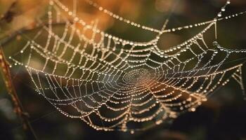 Spinning web traps dew drops, showcasing spider fragility and beauty generated by AI photo