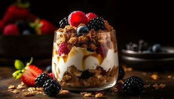 A gourmet parfait with fresh berries, granola, and chocolate mousse generated by AI photo