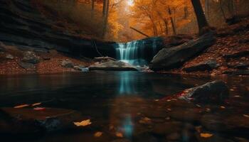 tranquilo escena de fluido agua en otoño bosque desierto zona generado por ai foto