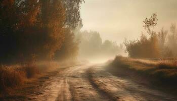 Mysterious fog blankets tranquil forest, autumn leaves paint landscape yellow generated by AI photo