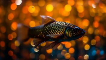 Vibrant goldfish tail illuminates dark underwater pond in scuba diving generated by AI photo