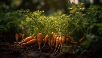 Fresco orgánico zanahorias cosechado desde de cosecha propia vegetal jardín en otoño generado por ai foto