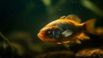 A multi colored goldfish swims in a transparent freshwater pond generated by AI photo