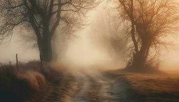 Mysterious fog shrouds the spooky forest in autumn beauty generated by AI photo