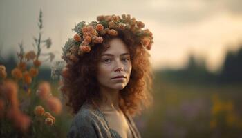 One young woman smiling, surrounded by natural beauty and sunlight generated by AI photo