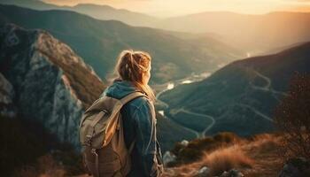 One person standing on mountain peak, enjoying successful hiking journey generated by AI photo