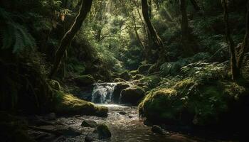 Tranquil scene flowing water, green trees, and sunlight heaven generated by AI photo