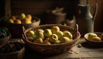 A rustic wicker basket filled with fresh organic autumn fruit generated by AI photo