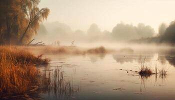 A tranquil scene foggy autumn forest reflects natural beauty generated by AI photo