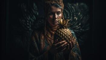 One woman, a portrait of freshness, holding a pineapple generated by AI photo