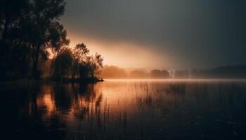 A tranquil scene at dusk, reflection on water, nature beauty generated by AI photo