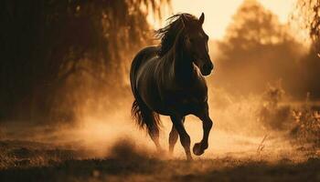 Thoroughbred stallion runs free in beautiful rural meadow at sunset generated by AI photo