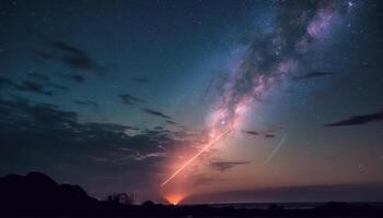 The glowing Milky Way illuminates the majestic mountain landscape generated by AI photo