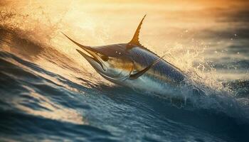 un delfín saltando medio aire, espalda iluminado por el puesta de sol generado por ai foto