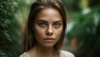 One young adult woman, looking at camera, exuding confidence outdoors generated by AI photo