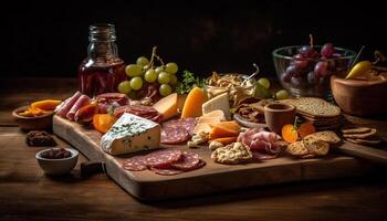 A rustic gourmet meal prosciutto, salami, cheese, bread, fruit, wine generated by AI photo