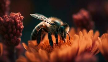 Busy honey bee pollinates single yellow flower in springtime beauty generated by AI photo