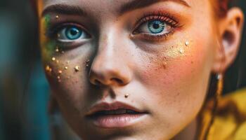 Confident young woman with blue eyes staring into camera outdoors generated by AI photo