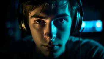 One young man, enjoying nightlife, listening to music with headphones generated by AI photo