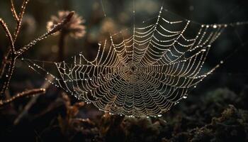 Spooky spider web traps dew drops in autumn forest meadow generated by AI photo