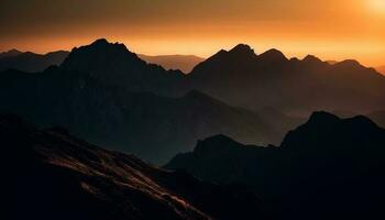 The majestic mountain range silhouetted against the tranquil sunset sky generated by AI photo