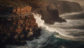 The majestic cliff crashes against the eroded sandstone, creating spray generated by AI photo