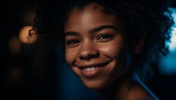 Confident young African woman with curly hair smiles for camera generated by AI photo