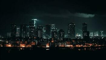 Silhouette of modern skyscrapers illuminate city skyline at dusk generated by AI photo