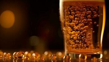 un espumoso soltar de dorado cerveza en un Bebiendo vaso generado por ai foto